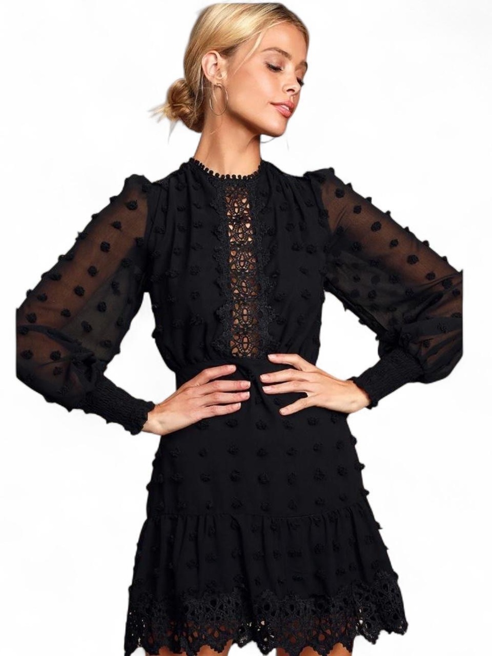 Lulus Lust or Love Black Embroidered Lace Long Sleeve Dress | Size L